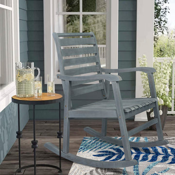 Carey Modern Slat-Back 300-Lbs Support Acacia Wood Patio Outdoor Rocking Chair - JONATHAN Y